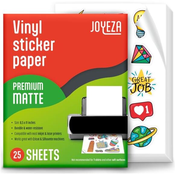 Premium Printable Vinyl Sticker Paper for Inkjet Printer - 25 Sheets Matte White - Picture 1 of 7